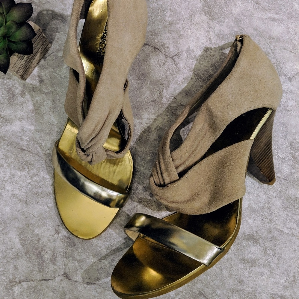 MICHAEL Kors tan suede knot gold strap heel sandal
